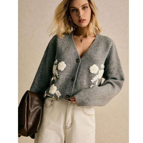 Gray Knit Oversized Cardigan White Floral Embroidery Button Down - Picture 7 of 10